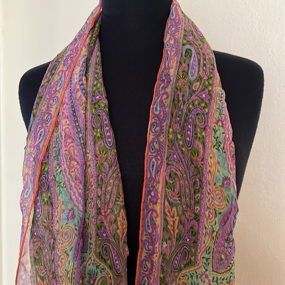 Silk or viscose (not sure) colorful scarf 15 by 54 inches